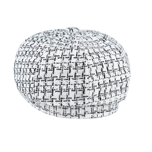 Classic black and white tweed newsboy cap for women with shimmering sequins on white background