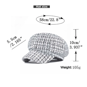 Size specifications for a black and white tweed newsboy hat with a 5.5cm short brim