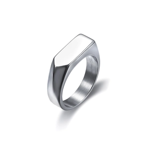 Minimalist silver stainless steel signet ring with a polished rectangular flat top for men
