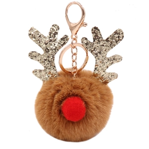 Sequin reindeer plush keychain with gold antlers and festive red nose on a metal ring