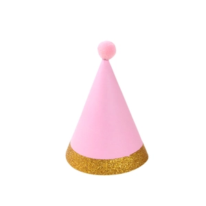 Pink party cone hat with gold glitter trim and pink pom-pom on white background