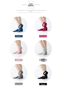 Detail of cross-strap yoga socks with silicone anti-slip dots in six various colors