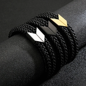 Double-layer braided leather bracelet with stainless steel arrow magnetic buckle clasp