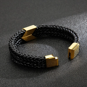 Double-layered black braided leather bracelet with golden stainless steel magnetic clasp