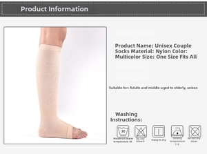 Detail showing beige toeless compression socks with size chart and nylon material info