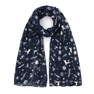 Navy blue Christmas scarf with silver reindeer and snowflake prints on a soft fabric