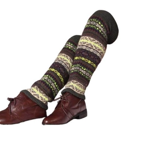 Thick bohemian knit leg warmers with neon geometric patterns for winter boots