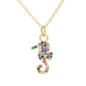 Exquisite gold seahorse pendant necklace inlaid with multi-color cubic zirconia crystals