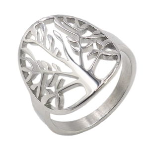 Bague large arbre de vie en acier inoxydable argenté avec détails découpés