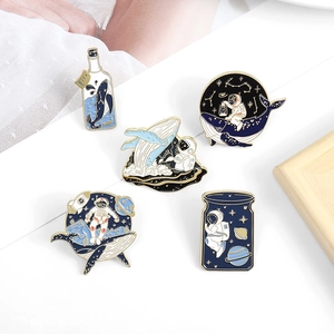 5-piece astronaut and whale enamel pin set with space and ocean theme for clothing