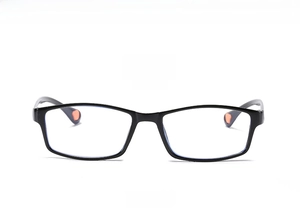 Front view of stylish lightweight reading glasses in bright black with orange temple tips