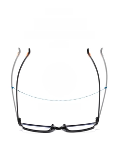 Detail showing flexible hinges and elastic open-close frame design for reading glasses