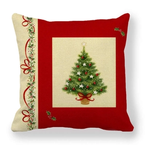 Close-up of linen Christmas pillowcase featuring a festive tree and red bow detail