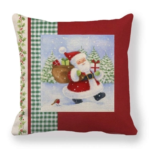 Detailed Christmas linen pillowcase featuring Santa Claus, winter scenery, and plaid patterns