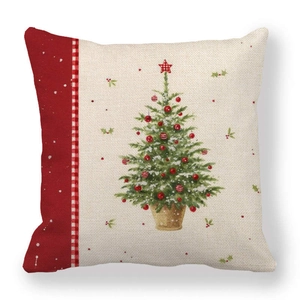 Close-up of linen Christmas pillow cover featuring a retro hand-drawn red tree pattern