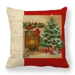 Detail of Christmas linen cushion cover featuring festive fireplace and teddy bear print