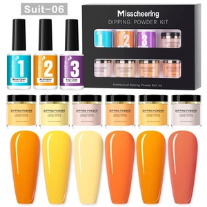 Flat lay view of a 6-color dipping powder nail kit with 3 base liquids and salmon tones