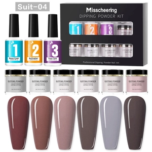 Detail view of Misscheering dipping powder kit with 6 colors and 3 essential liquids