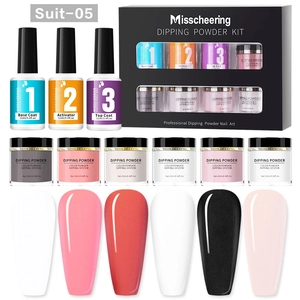 Dipping powder kit with base coat activator top coat and six colorful nail powders