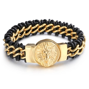 Men's gold lion head braided bracelet made of premium black leather and titanium steel