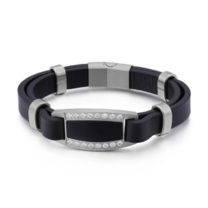 Men's black leather bracelet with gold-plated stainless steel and cubic zirconia inlays