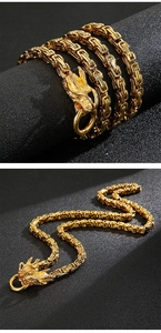 Detailed macro of golden dragon head pendant with heavy Byzantine chain necklace