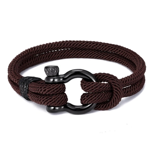 Men's double-layered dark brown braided rope bracelet with a black stainless steel shackle