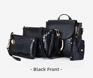 Detailed set of 4 black crocodile pattern PU leather bags with gold metal hardware