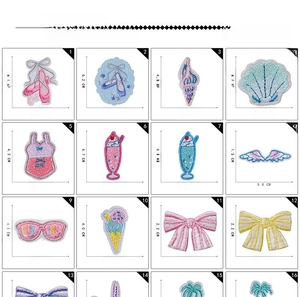 Macro display of various colorful embroidered patches with precise size measurements