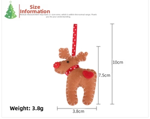 Felt reindeer ornament with dimensions 10x3.8cm showing size and weight details