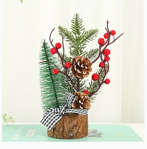 Mini Christmas tree with wood base, pine needles, red berries and plaid bow detail