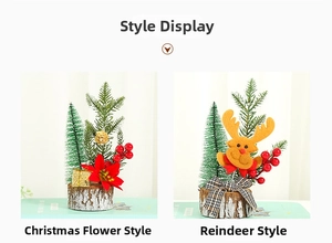 Mini tabletop Christmas trees with wooden bases featuring deer and poinsettia designs