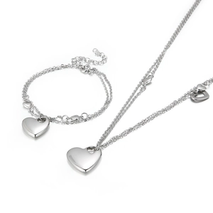 Polished silver stainless steel heart pendant necklace and double-layer bracelet set