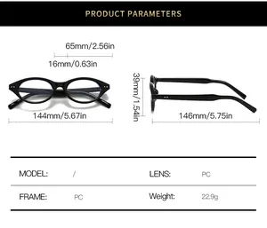 Detailed size chart showing dimensions and specifications for oval blue light glasses