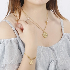 Double-layer gold necklace and bracelet set with tree of life pendants and pearls