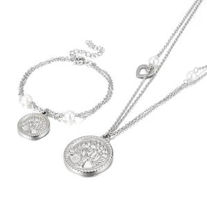 Double-layered silver necklace and bracelet set with Tree of Life charms and pearls