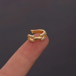 Elegant U-shaped gold cuff earring with shimmering double row zircon stones for women