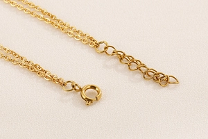 Macro shot of gold double layer necklace clasp and extension chain with metal luster