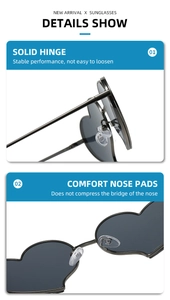 Détails des charnières solides et des plaquettes de nez pour lunettes de soleil cœur