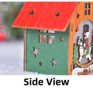 Detailed side view of a wooden Christmas house ornament featuring a nutcracker soldier print