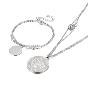 Ensemble collier et bracelet double épaisseur en acier argenté avec pendentifs ronds