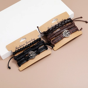 Three-piece vintage braided leather bracelet set for men with Tree of Life charms