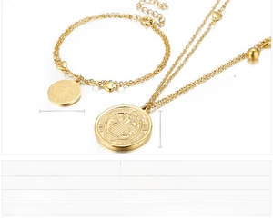 Vue détaillée de l'ensemble collier et bracelet en acier doré avec pendentifs pièces