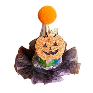 Halloween mini party hat featuring laser finish, orange pompom and glitter pumpkin face