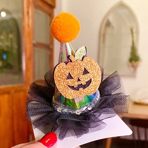 Halloween cone hat headband featuring laser sequins, orange pompom and gold glitter pumpkin