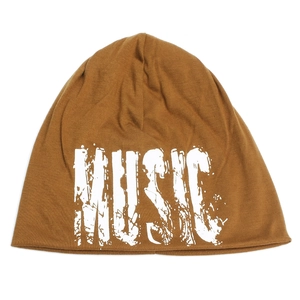 Brown knit beanie hat with white MUSIC print in a trendy hip-hop streetwear style