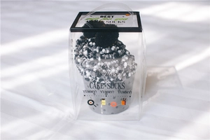 Coral fleece cupcake socks in a transparent gift box with black handle and text