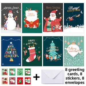 Set of 8 Christmas cards with matching stickers and white envelopes on flat lay