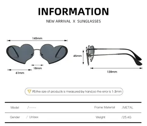 Guide des tailles lunettes de soleil cœur en métal avec largeur 145mm et poids de 25,4g