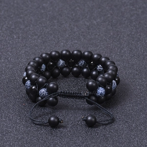 Adjustable three-layer natural matte agate beaded bracelet with blue cracked stone beads